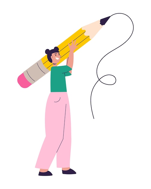 Female student holding big pencil vector illustration