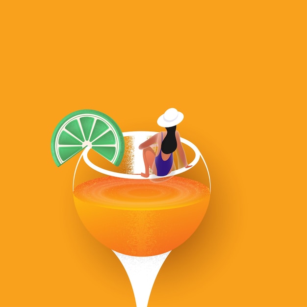 Vector female swimmer with lemon slice at cocktail glass against orange background