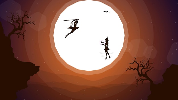 female swordsman duel. float witch. female swordsman jumps to attack. duel. sunset walpaper. fantasy