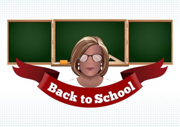 Female teacher on a blackboard background. Back to school card.