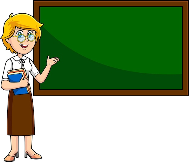 Female Teacher Cartoon Character Holding A Textbooks And Pointing To Green Chalk Board