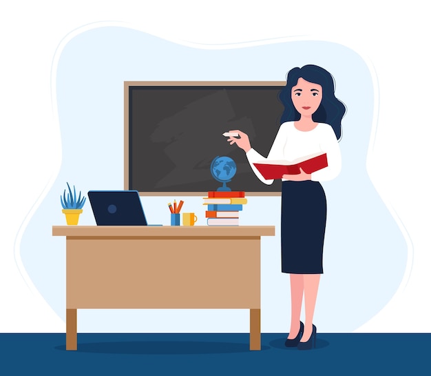 Female teacher in classroom Smiling woman teacher standing by blackboard or chalkboard in the classroom School and learning concept teacher s day