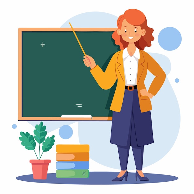 Female Teacher Concept Woman with Pointer Stands in a Classroom