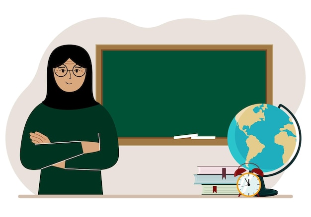 Female teacher near the blackboard The concept of education teaching teacher's day