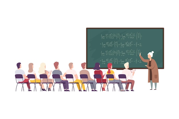 Female Teacher Professor Standing in Front of Blackboard Teaching Students in Classroom University College High School Lesson Flat Vector Illustration