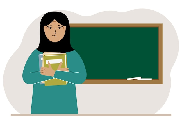 Vector female teacher with books on the background of the school board