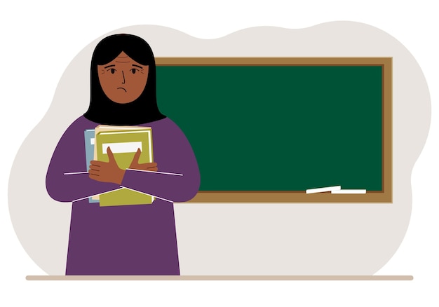 Vector female teacher with books on the background of the school board