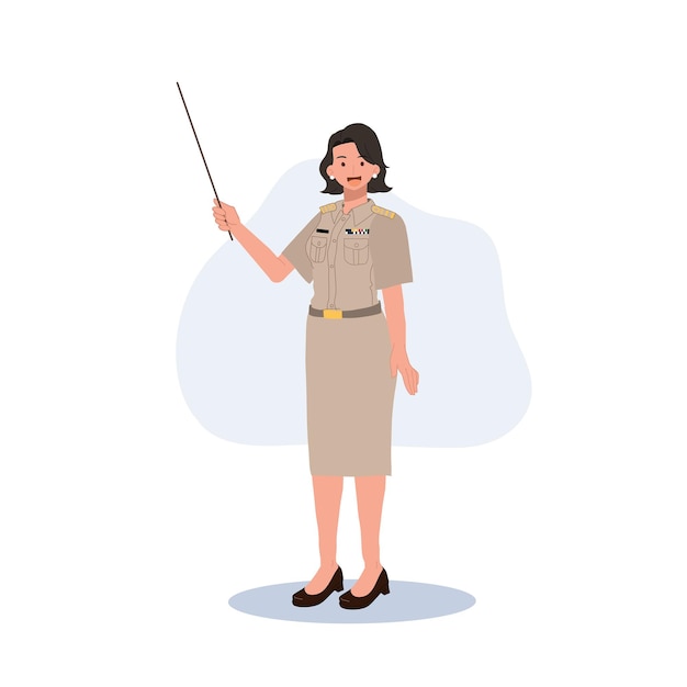 Female Thai government officers in uniform Woman Thai teacher holding pointer stick explaining knowledge Vector illustration