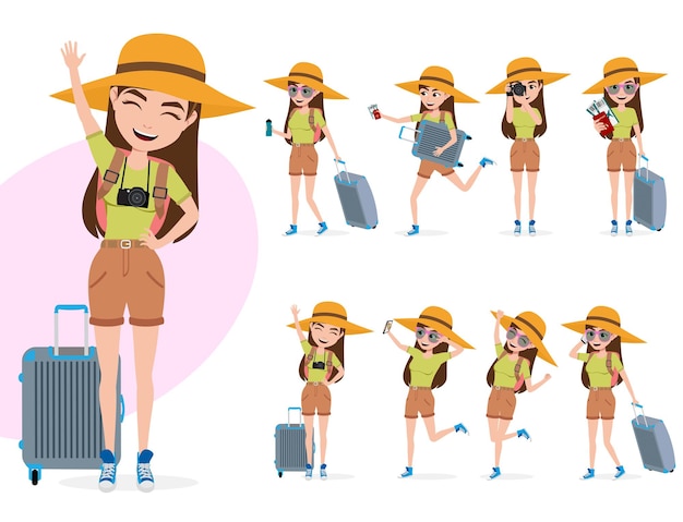 Female tourist vector characters set Woman character in summer travel outfit in different standing