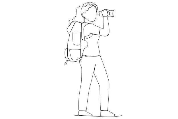 A female tourist with a bag holding binoculars on vacation on the island one line art