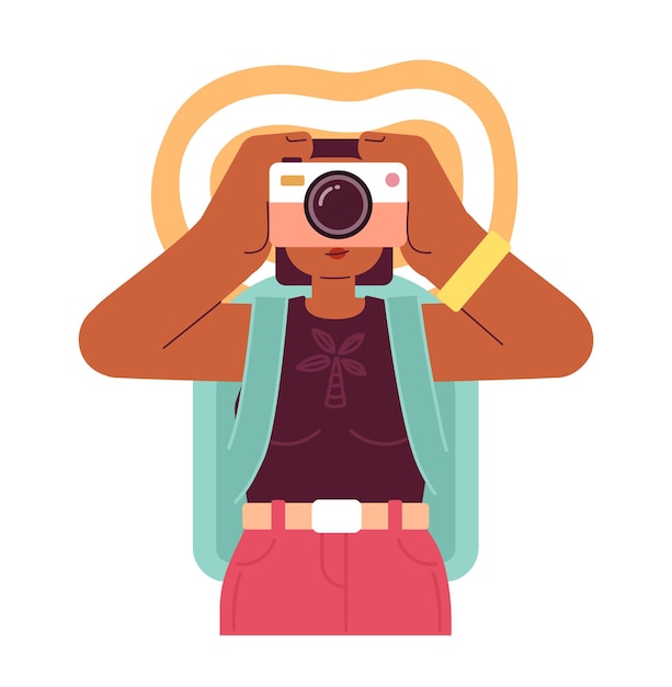 Female traveler capturing holiday memories on camera semi flat colorful vector character