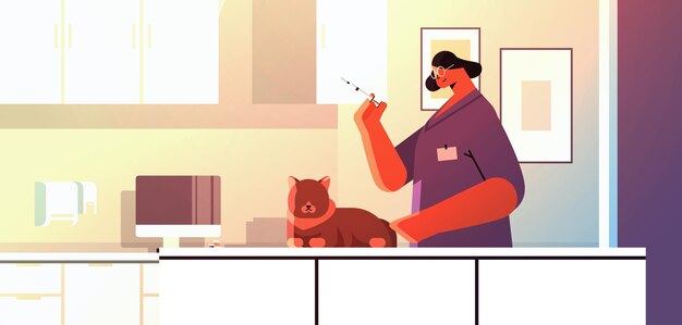 female veterinarian giving vaccine to cat at vet clinic pet vaccination concept horizontal portrait vector illustration