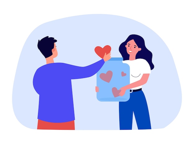 Female volunteer collecting hearts in jar. Man donating, giving help and support flat vector illustration. Charity, solidarity, awareness concept for banner, website design or landing web page