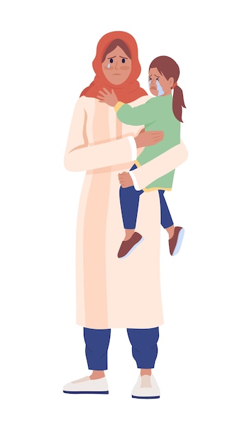 Female war victim holding teary daughter semi flat color vector characters