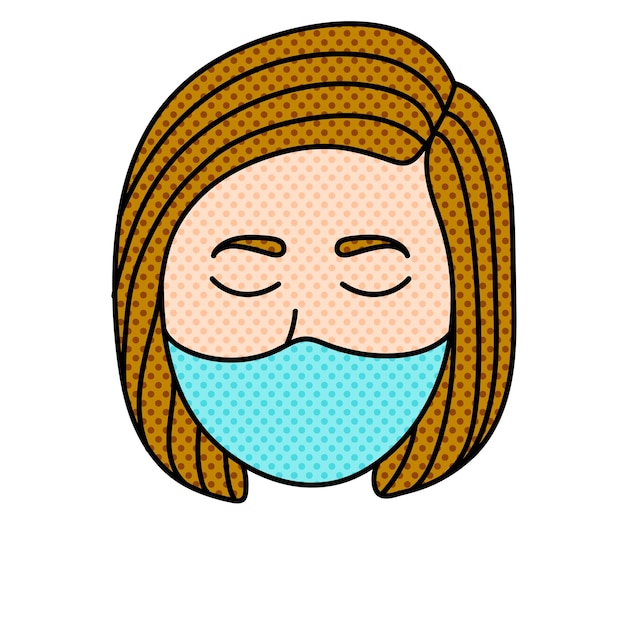 female wearing face mask halftone hand drawn color vector illustration