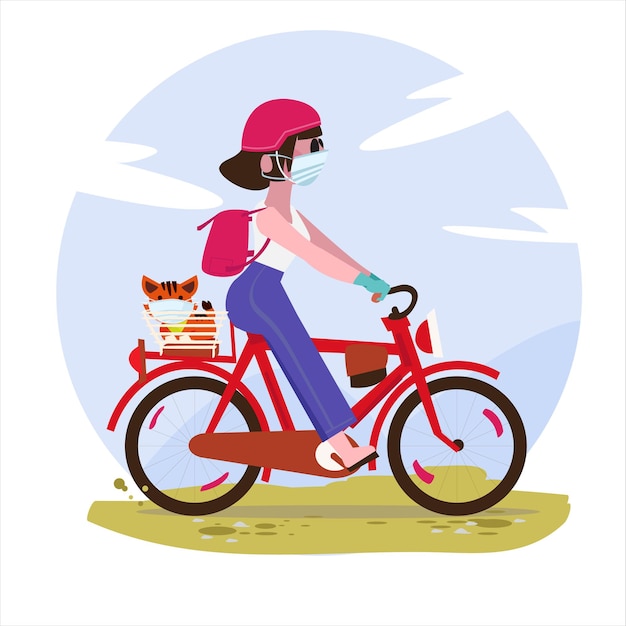 Female wearing mask with cat cycling bicycle   