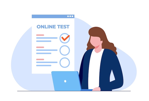 Female with a laptop passing online test and checking answers. Flat vector illustration