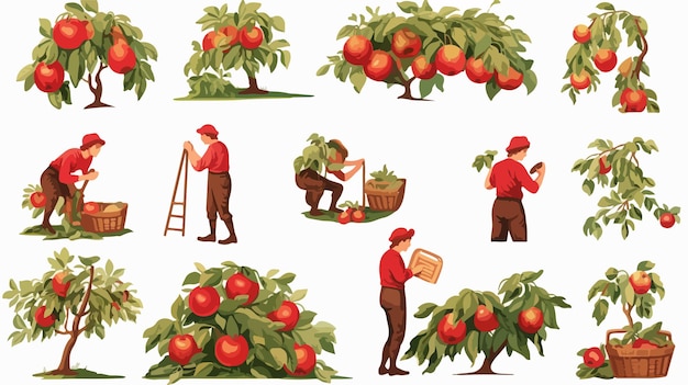 Vector female workers harvesting apples in the garden