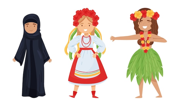 Females Wearing Traditional Costumes Standing and Smiling Vector Set