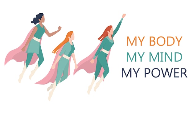 Femenism and girl power concept. Superwomen team. Idea of gender equality and female movement. Women support organization website banner.    