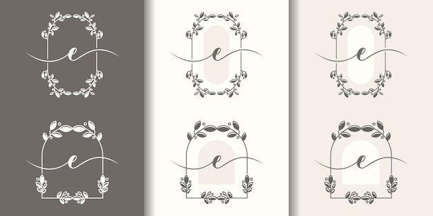 Vector feminime iniitial letter e with foral frame concept logo template