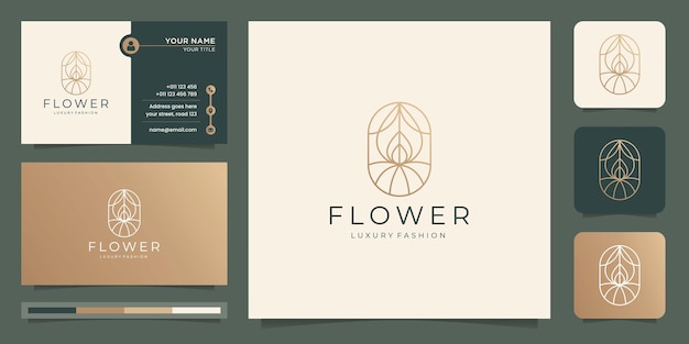 Feminine beauty flower with minimalist style line art concept golden color and business card