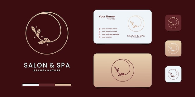 Feminine beauty salon and spa line art circle shape logo with leaf nature minimalist.