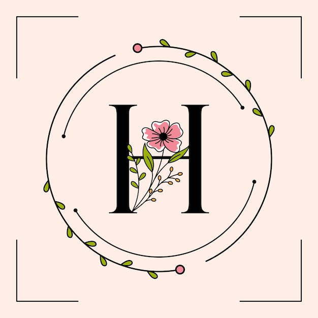 Feminine H letter with floral frame logo template