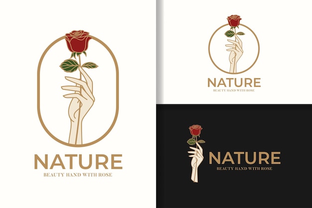 Feminine hand holding flowers logo template