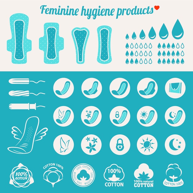 Feminine hygiene products (white napkins, pads and tampons icon set)