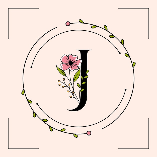 Vector feminine j letter with floral frame logo template