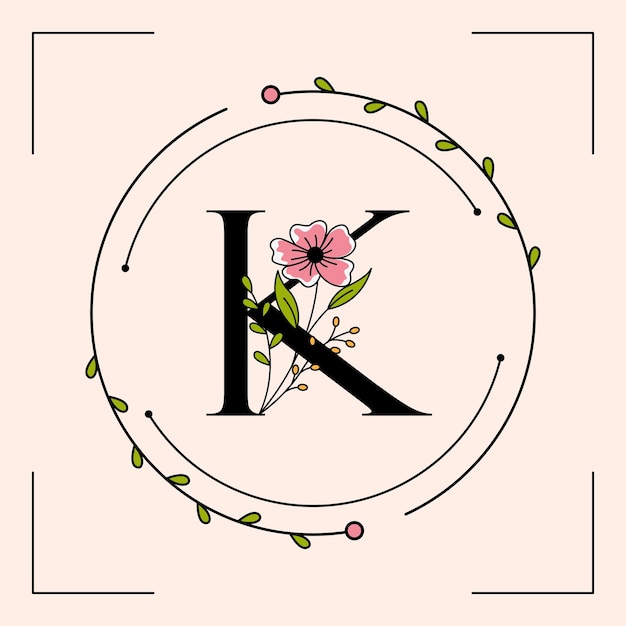 Feminine K letter with floral frame logo template