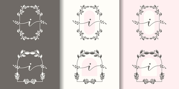 Feminine letter i with floral frame logo template