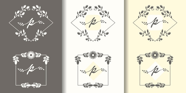 Vector feminine letter p with floral frame logo template