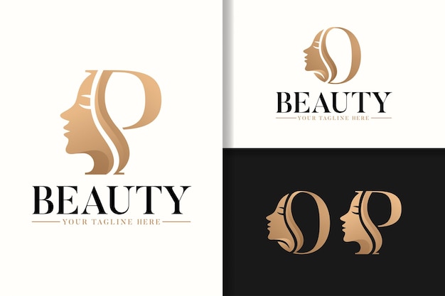 Feminine monogram logo with woman silhouette letter o and p