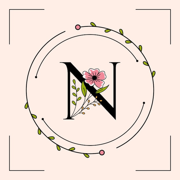 Feminine N letter with floral frame logo template