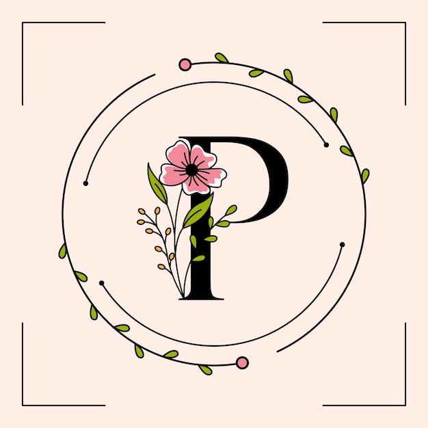 Vector feminine p letter with floral frame logo template