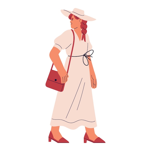 Feminine redhead woman in a stylish summer dress and heeled shoes Girl wearing elegant outfit in romantic style walking with shoulder bag Flat isolated vector illustration on white background