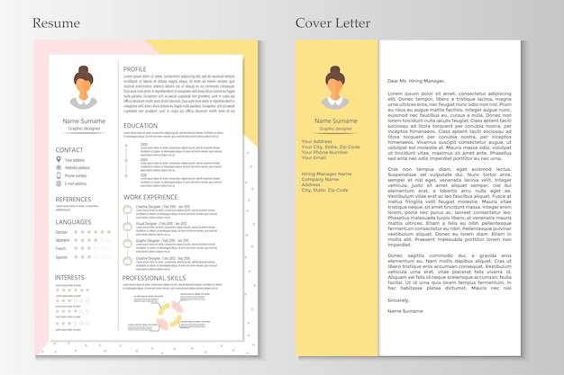 Feminine resume and cover letter with infographic design. Stylish CV set for women. Clean vector.