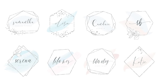 Feminine silver geometric shape logo designs with glitter and watercolor brush strokes