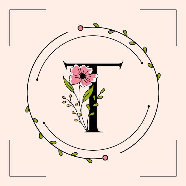 Feminine T letter with floral frame logo template