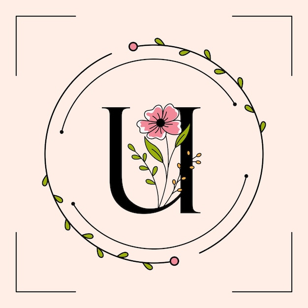 Feminine U letter with floral frame logo template