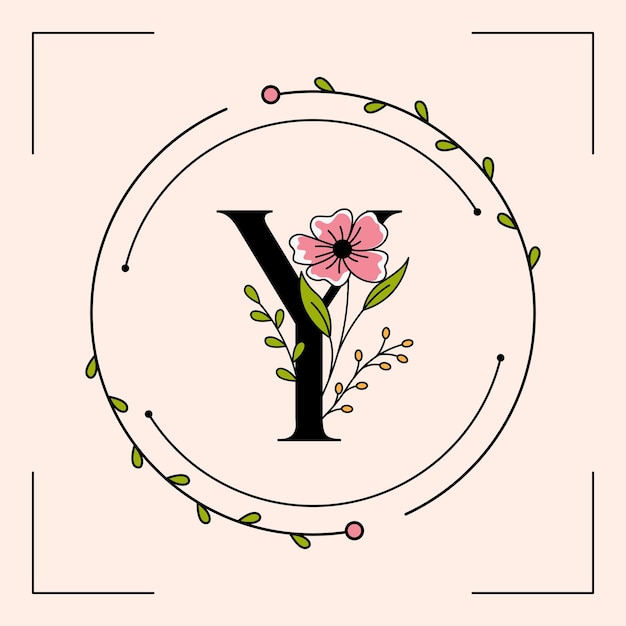 Vector feminine y letter with floral frame logo template