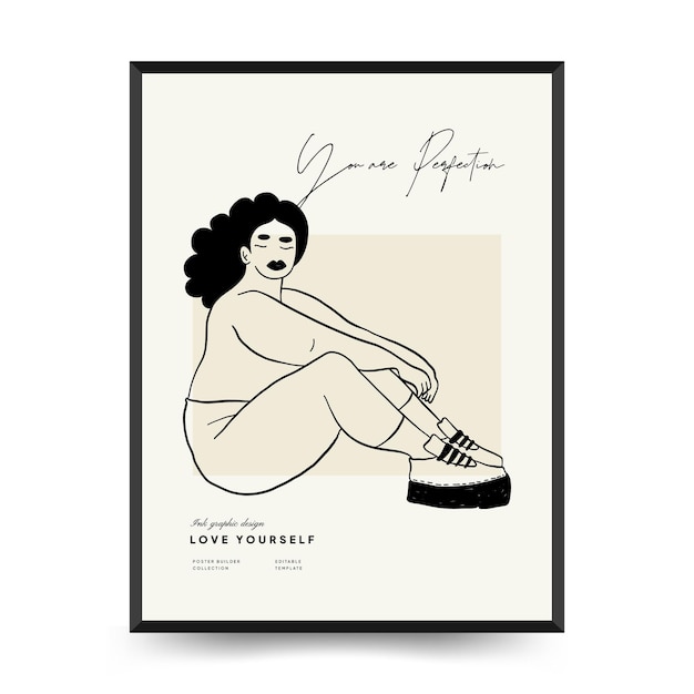 Feminism body positive poster template, wall art with minimalistic female figure, love to own figure