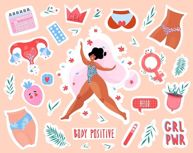 Feminist and body positive set collection womens stickers and badges designs