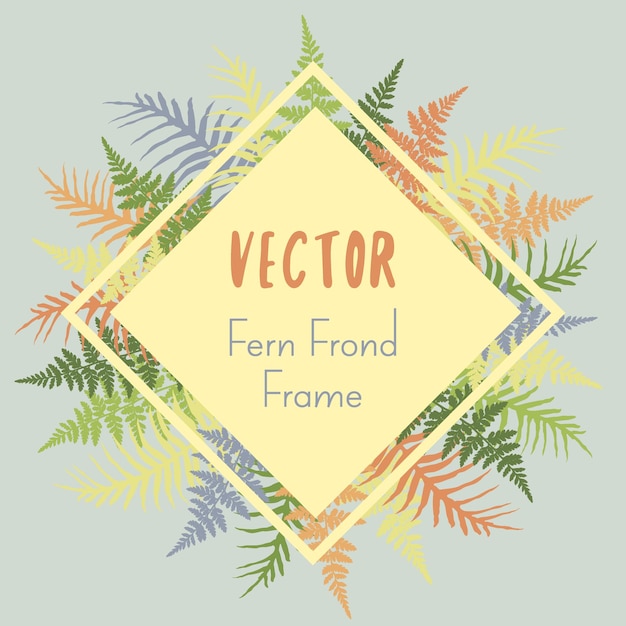 Fern frond rhombus frame vector illustration Green brown and grey tropical forest plant leaves bac