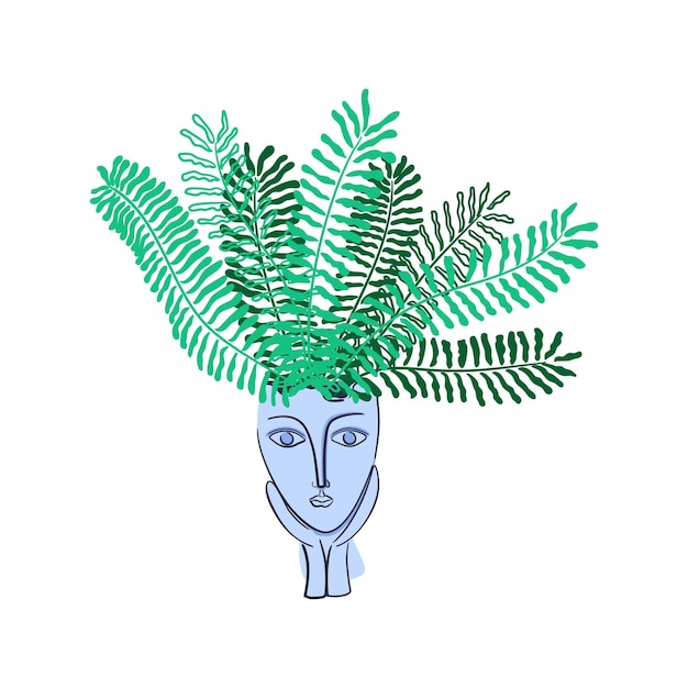 Fern Indoor plant in flowerpot Ancient Greek style head of women as a flowerpot