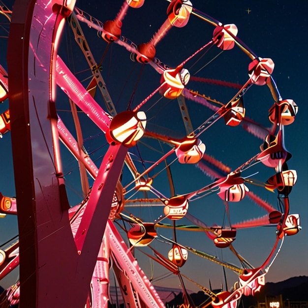 a ferris wheel with a red ferris wheel in the background