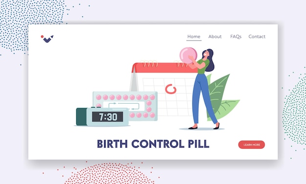 Fertility and Pregnancy Control, Contraception Landing PageTiny Female Character Hold Huge Pink Pill Apply Oral Contraceptive, Calendar, Pills Blister and Alarm Clock. Cartoon Vector Illustration.