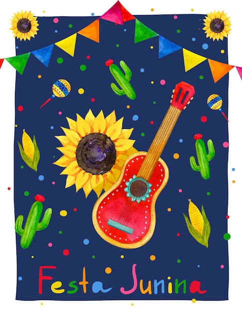 Festa Junina Brazil June Festival hand drawn watercolor vector poster on blue background